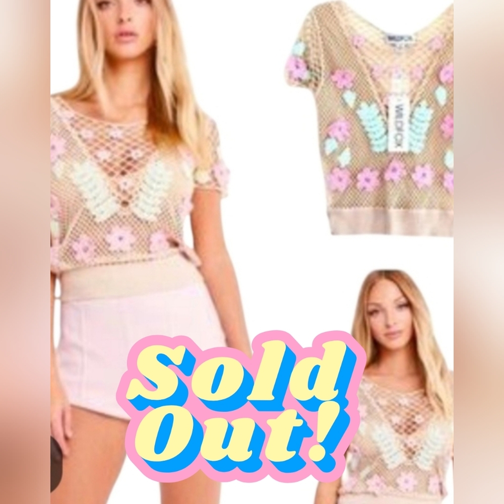‼️SOLD 1/13 Wildfox Crochet Knit Floral Leaf Top Women's Large Neutral PinkGreen